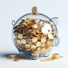 a 3d glass piggy bank filled with gold coins Illustration on a white background