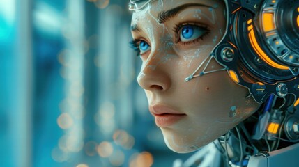 Futuristic Cybernetic Portrait of a Woman with Blue Eyes