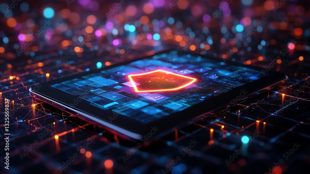 Poster floating holographic shield icon above a tablet in a digital network background