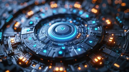 Futuristic Technology Circuit Board with Blue and Orange Glow Effects