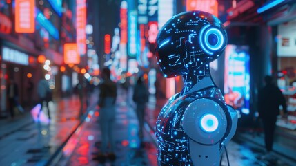 Futuristic Robot in Neon City at Night with Urban Background