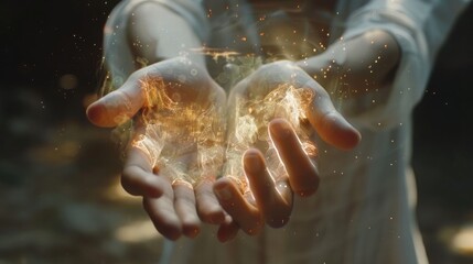 Hands Releasing Magical Light Energy in Enchanted Nature Setting