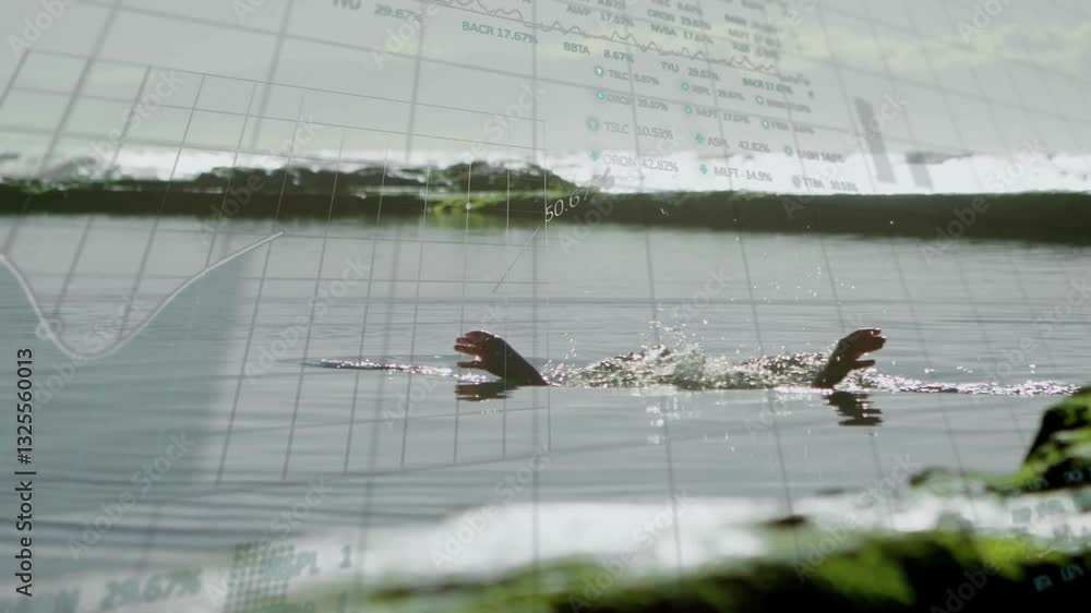 Poster overlaying graph data and animation on serene river landscape with water reflections