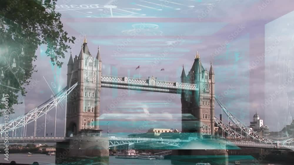Poster tower bridge with digital data processing animation overlaying sky and water