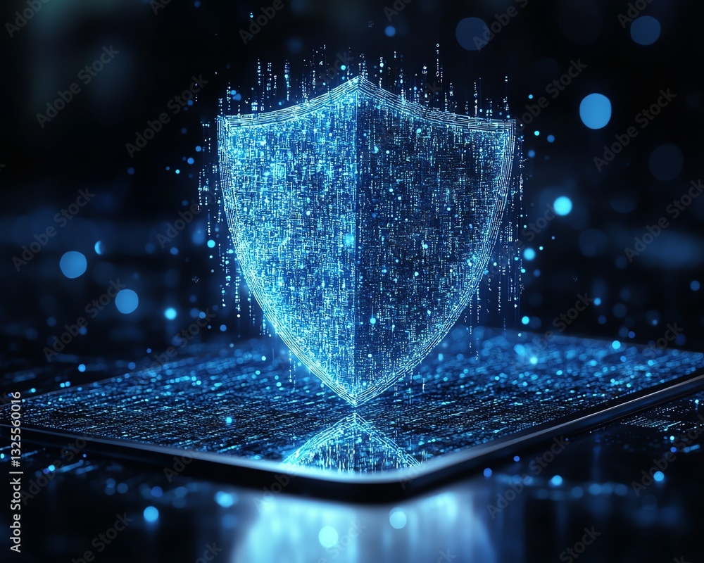 Leinwandbilder holographic shield icon floating above a tablet in a digital network background