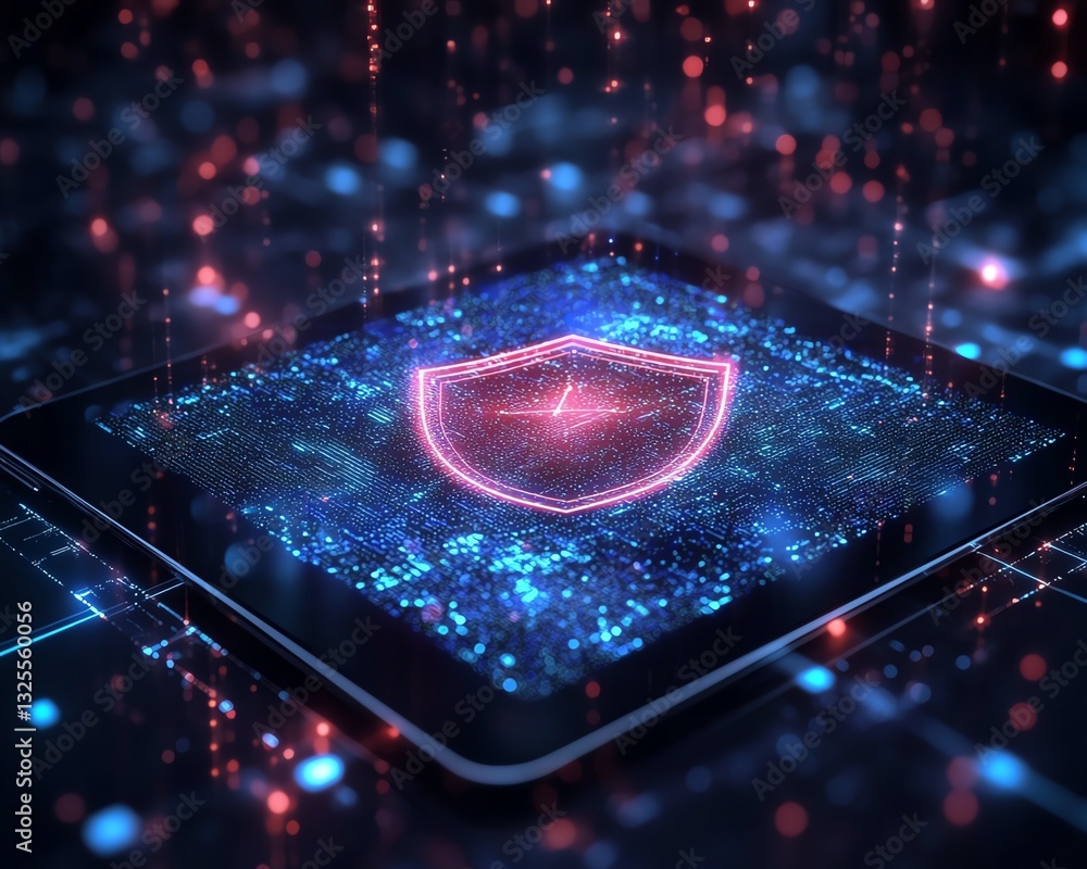 Leinwandbilder holographic shield icon floating above a tablet in a digital network background