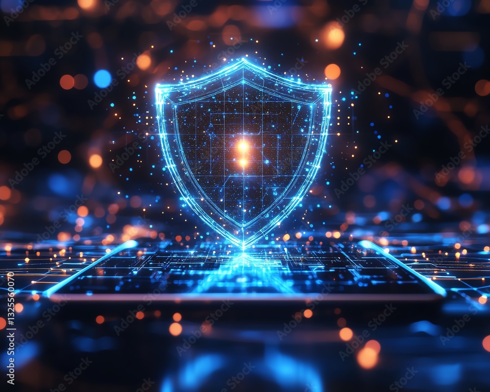 Leinwandbilder holographic shield icon floating above a tablet in a digital network background