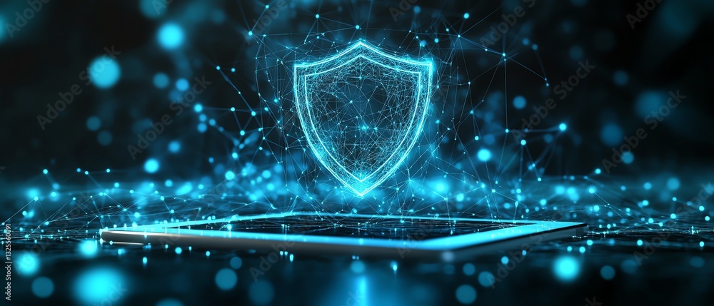 Leinwandbilder holographic shield icon floating above a tablet in a digital network background