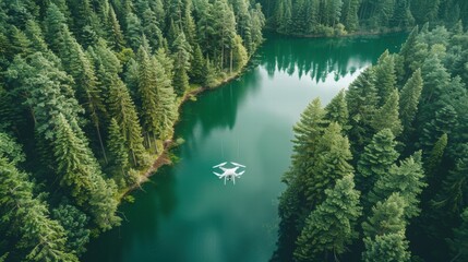 Aerial View of Drone Hovering Above Serene Forested Lake