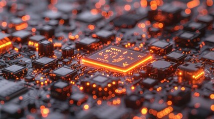 Close-up View of Electric Circuit Board with Orange Light Glow