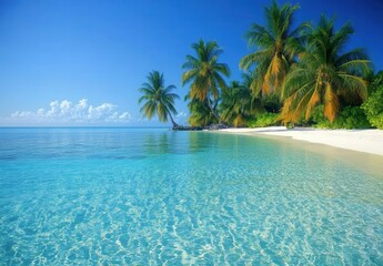 Tranquil beach scene with crystal clear water and lush palm trees under a bright blue sky in a tropical paradise setting