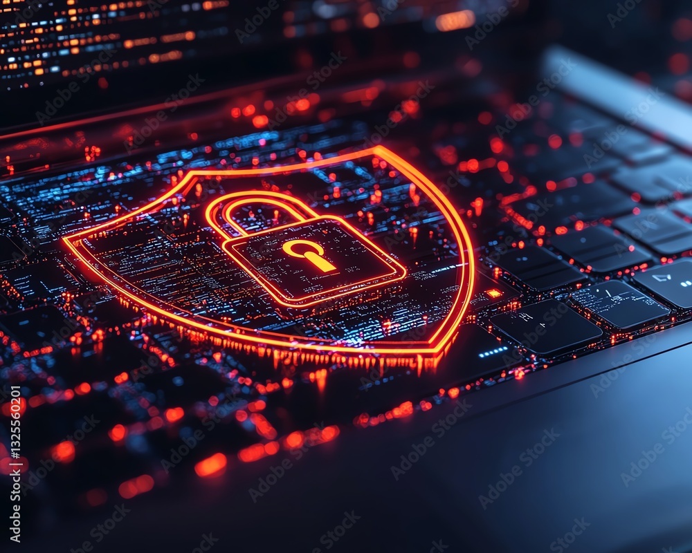 Aufkleber laptop displaying open padlock symbol on shield on screen, representing cybersecurity, protection, a
