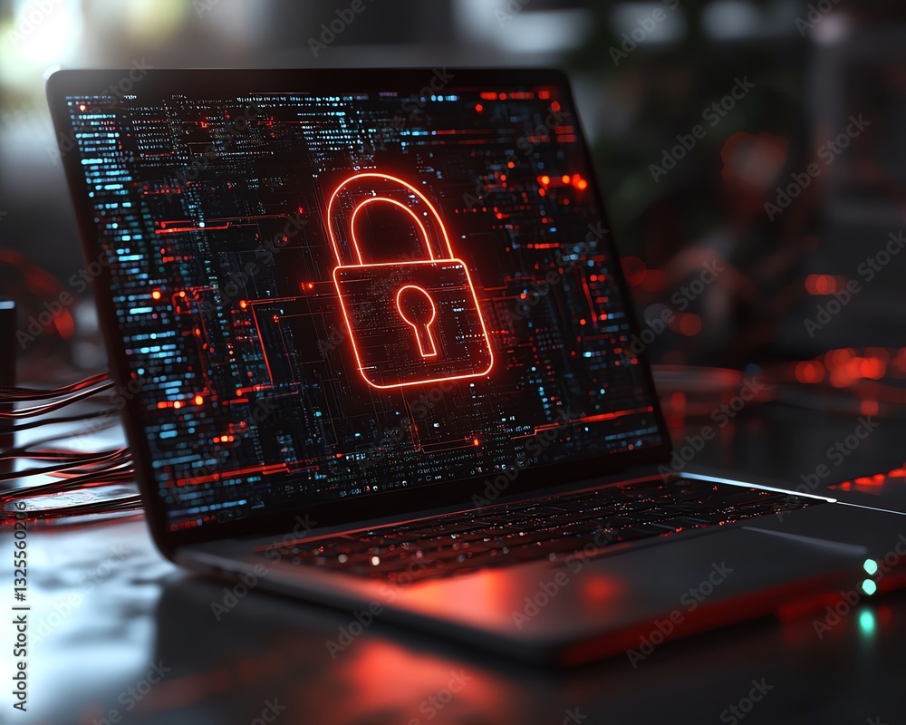 Fototapete laptop screen displaying digital padlock hologram, surrounded by network connections in the backgrou