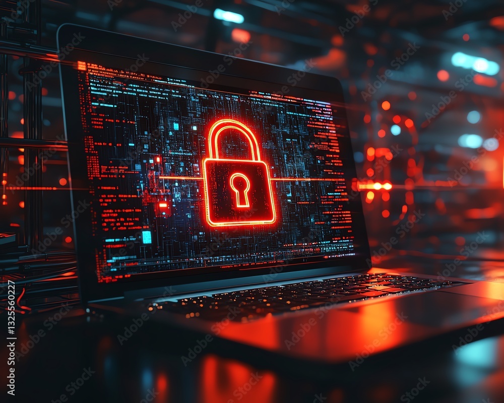 Aufkleber laptop screen displaying digital padlock hologram, surrounded by network connections in the backgrou