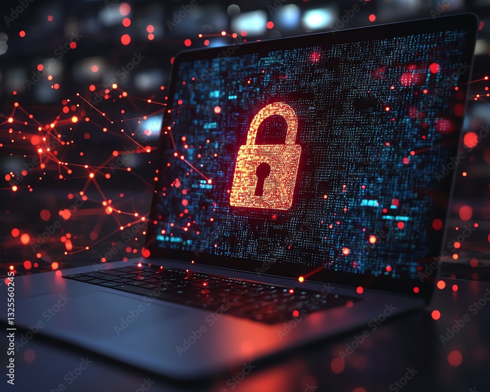 Aufkleber laptop screen displaying digital padlock hologram, surrounded by network connections in the backgrou