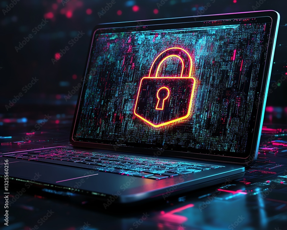 Aufkleber laptop displaying open padlock symbol on shield on screen, representing cybersecurity, protection, a
