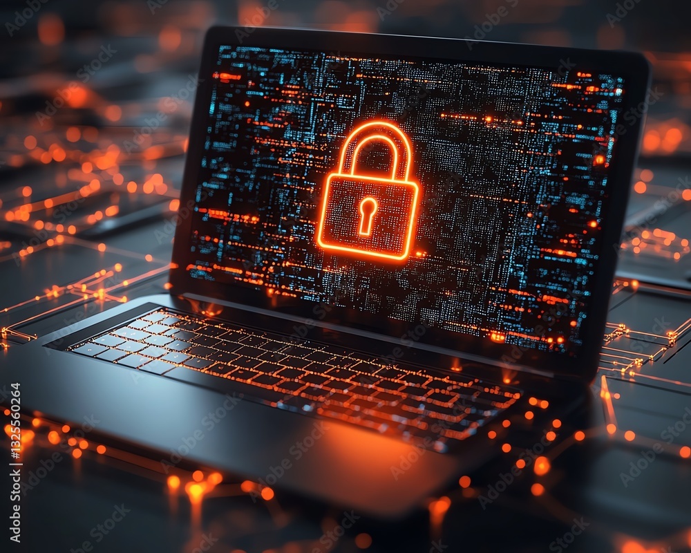 Poster Laptop screen displaying digital padlock hologram, surrounded by network connections in the background, 3D rendering, cybersecurity concept, digital encryption, hightech protection