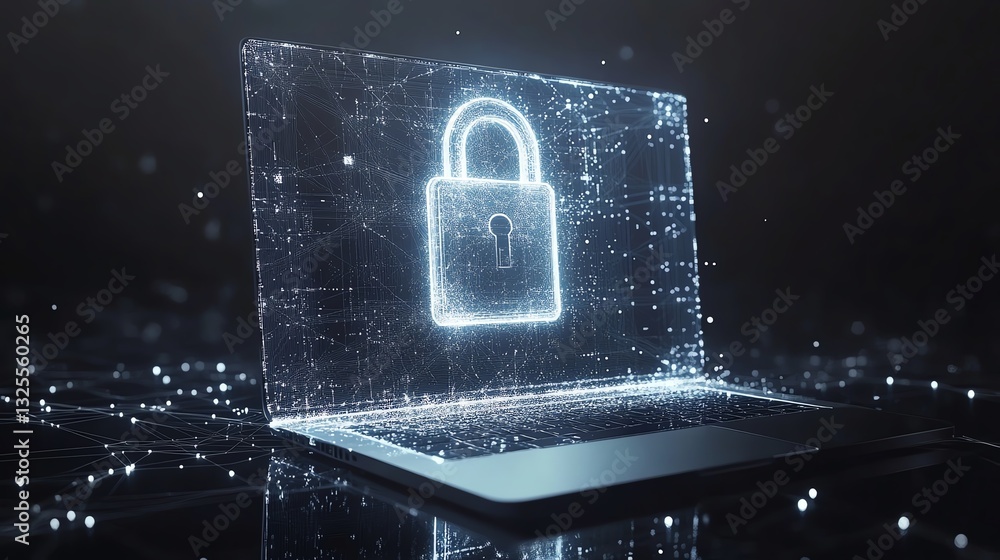 Aufkleber laptop screen with digital padlock hologram and network connections in the background, 3d rendering,