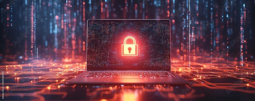 Fototapete laptop screen with digital padlock hologram, surrounded by glowing network connections in the backgr