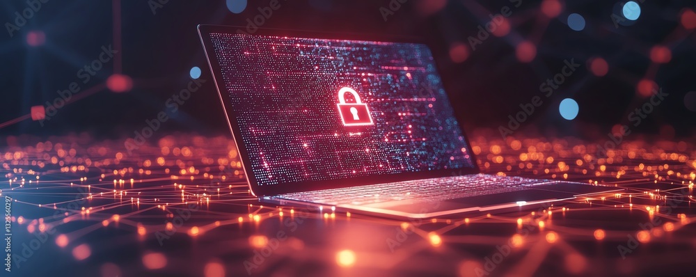 Poster laptop screen with digital padlock hologram, surrounded by glowing network connections in the backgr