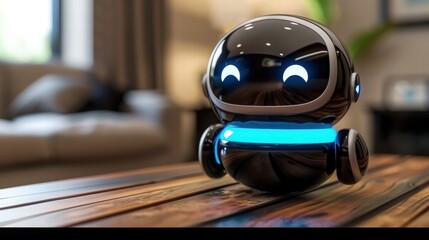 Cute Tiny Robot with Blue Light in Modern Living Room Setting