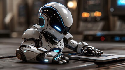 Futuristic Robot Working on Laptop in High-Tech Environment