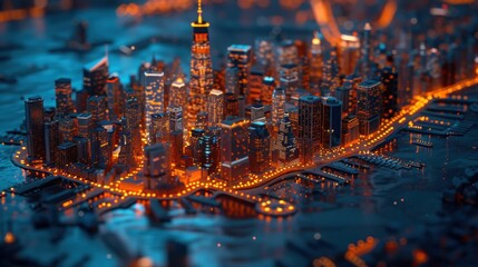 Stunning Aerial View of City Skyline at Twilight with Golden Lights