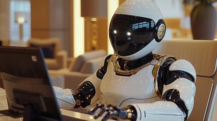 Futuristic Robot Working on Computer in Modern Office Environment