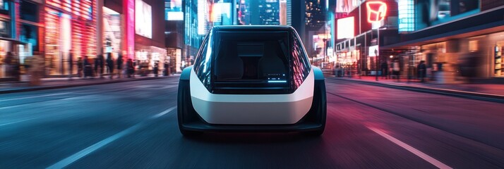 Futuristic urban vehicle in a vibrant city at night
