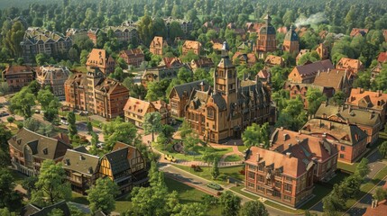 Aerial View of Scenic Residential Neighborhood Surrounded by Trees