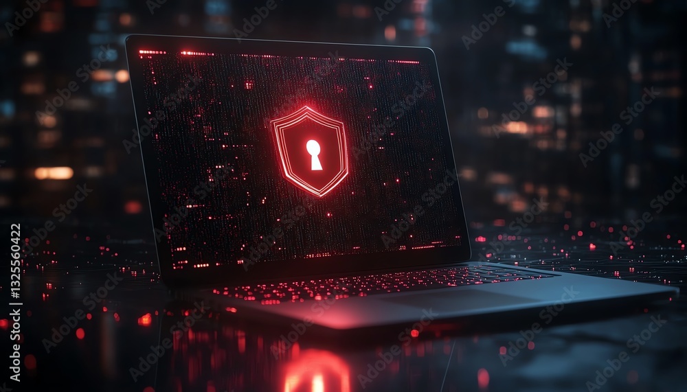 Poster Laptop with open padlock and shield symbol displayed on screen