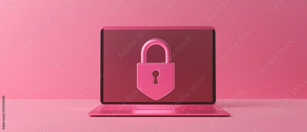 Aufkleber laptop with open padlock symbol on shield displayed on screen, representing cybersecurity and online
