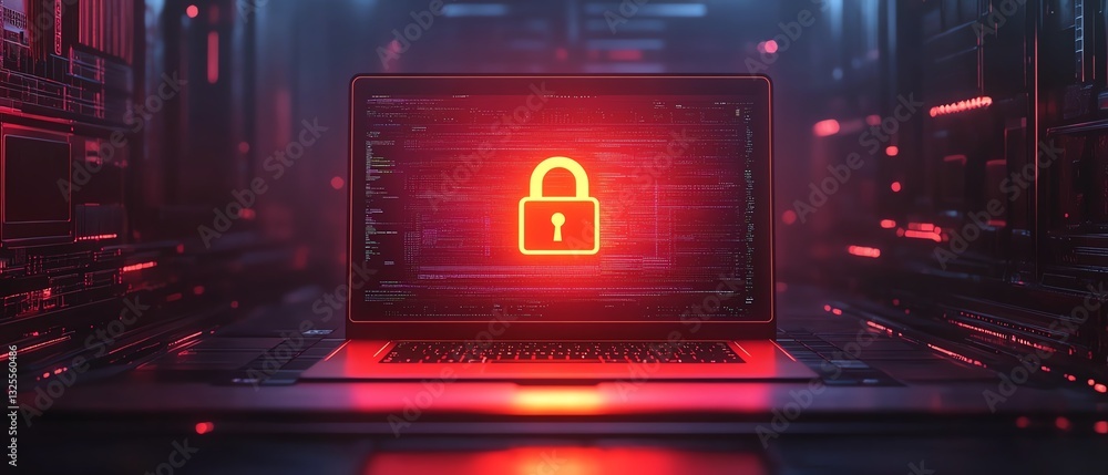 Aufkleber Laptop with open padlock symbol on shield displayed on screen, representing cybersecurity and online safety, 3D rendering, modern digital protection, encryption technology