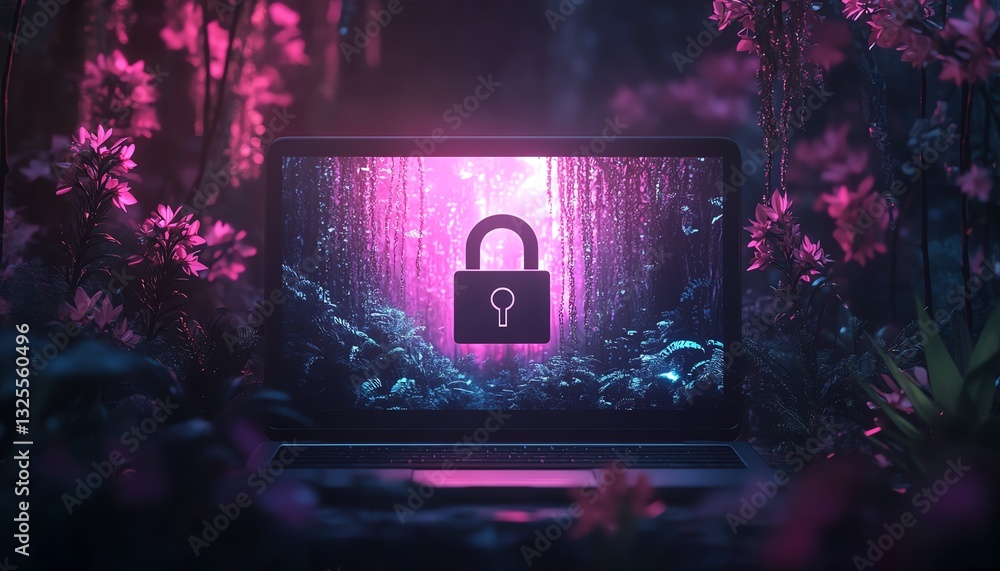 Fototapete laptop with open padlock and shield symbol displayed on screen
