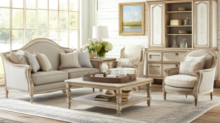 Elegant living room with French-style sofa, armchairs, coffee table, and antique cabinet.