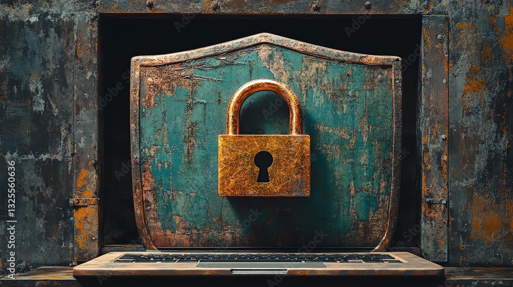 Poster open padlock on shield displayed on laptop screen, symbolizing online safety, protection, and cybers
