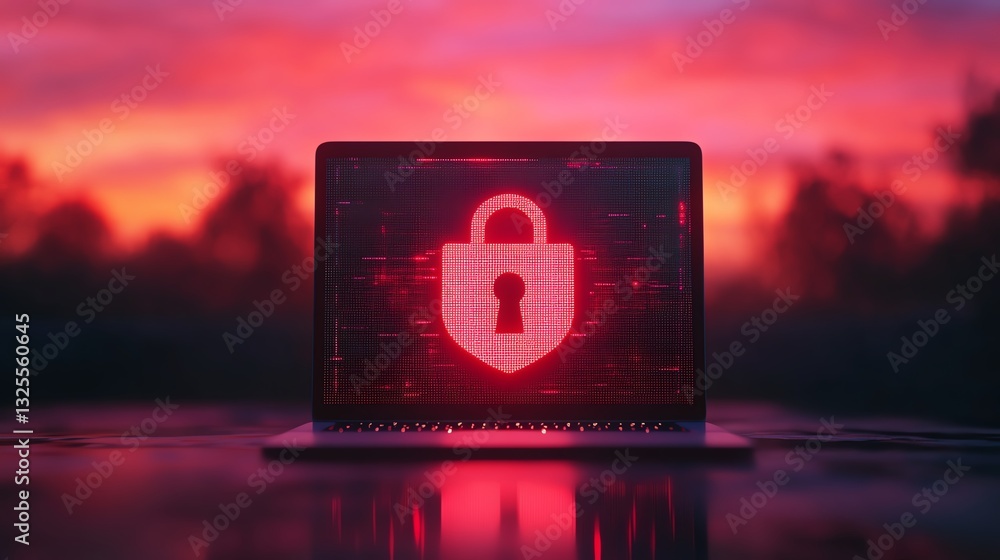 Poster open padlock on shield displayed on laptop screen, symbolizing online safety, protection, and cybers