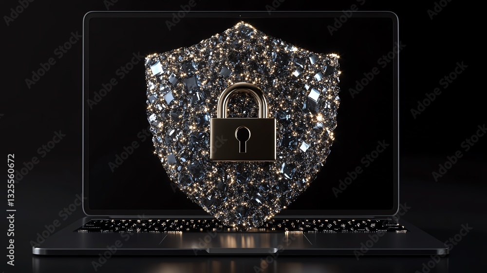 Aufkleber Open padlock on shield displayed on laptop screen, symbolizing online safety, protection, and cybersecurity, 3D rendering, digital security, encryption concept, advanced technology
