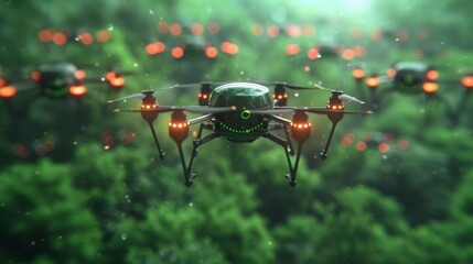 High-tech Drones Flying Over Lush Green Forest Environment