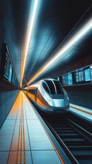 Sleek silver train awaits departure, lights blur in a modern station