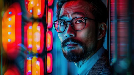 Thoughtful Man in Glasses Surrounded by Neon Color Lights