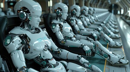 Futuristic Robots in a High-Tech Waiting Area for Advanced Technology