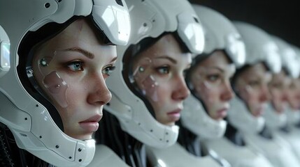 Futuristic Female Androids in High-Tech Space Helmets