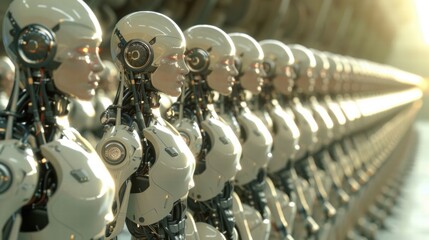 Futuristic Robotics Assembly Line with Humanoid Robots in Production