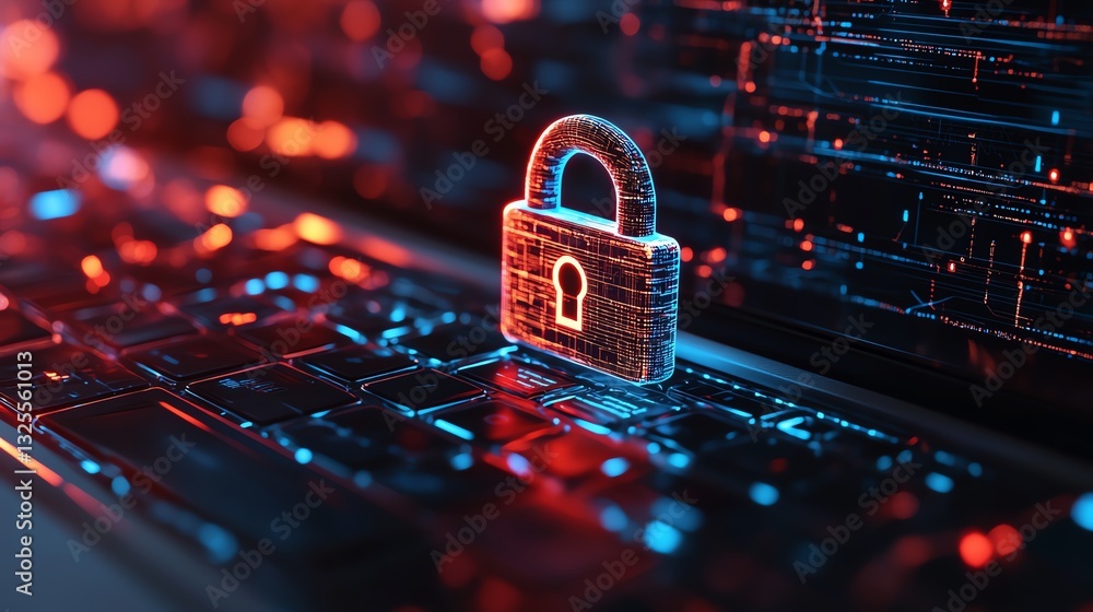 Fototapete 3d rendering of digital padlock hologram on laptop screen, with network connections in the backgroun