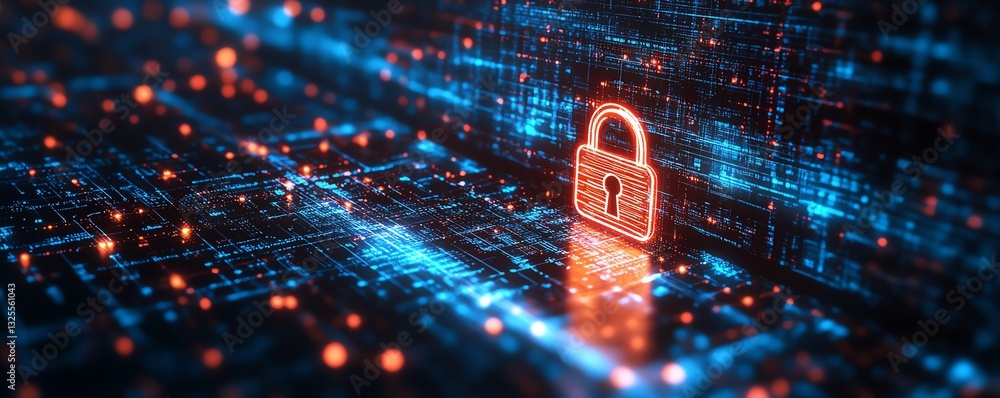 Aufkleber 3d rendering of digital padlock hologram on laptop screen, with network connections in the backgroun