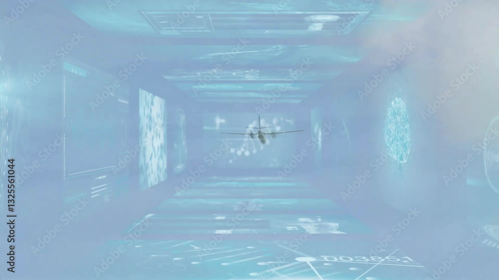 Poster flying airplane through digital tunnel with futuristic animation data projections
