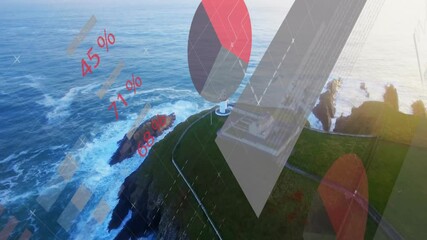 Red percentage symbols and charts animation over coastal landscape with lighthouse