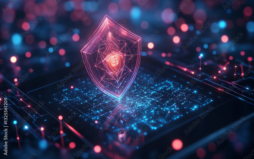 Fototapete 3D rendering of holographic shield icon hovering above a tablet, digital network connections in the background, symbolizing cybersecurity, data encryption, digital protection