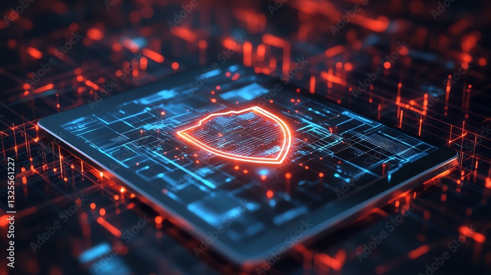 Poster 3D rendering of holographic shield icon floating above a tablet in a digital network background